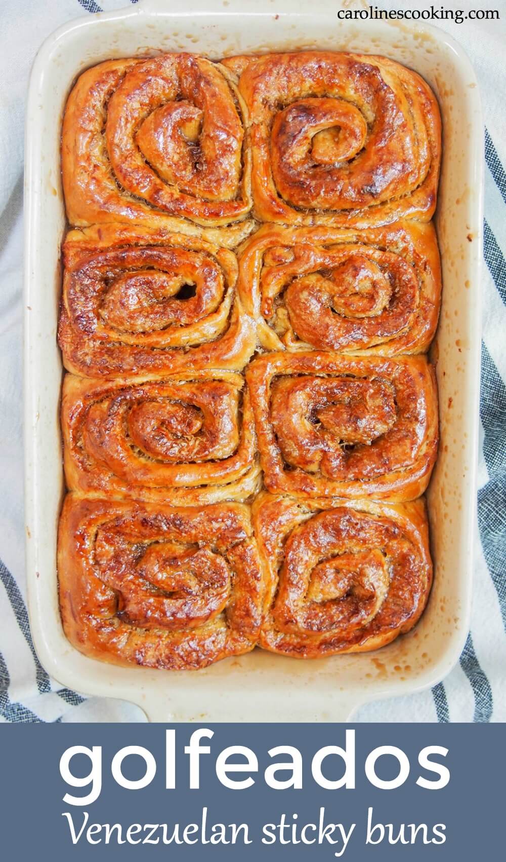 Golfeados are a wonderfully delicious Venezuelan take on sticky buns. Adding cheese to a sweet roll might seem unusual, but it adds a wonderful layer of flavor. These sweet treats are definitely worth a try! #stickybun #baking #venezuelanfood #sweetroll
