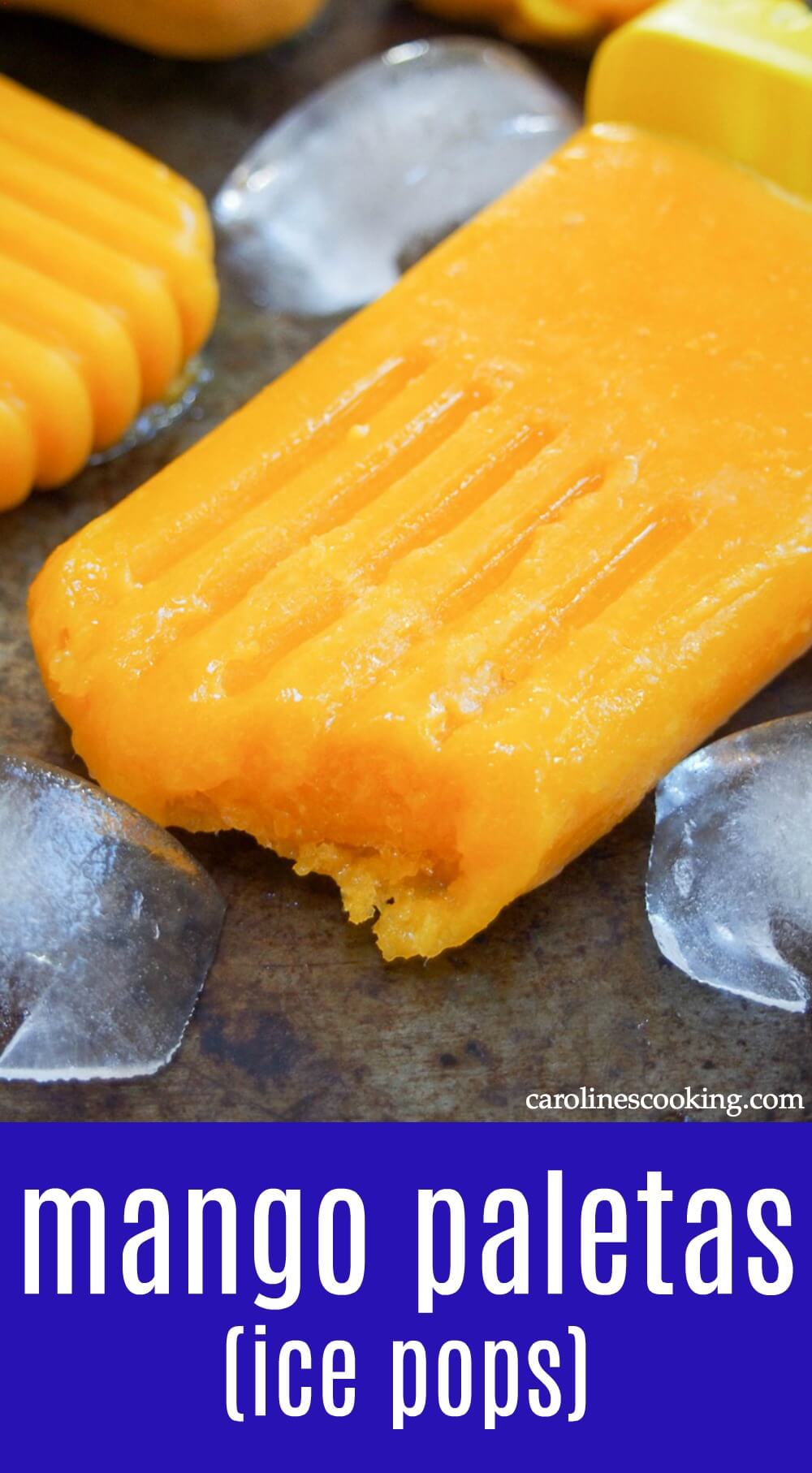 Mango paletas are a traditional Mexican ice pop/ popsicle that are easy, fruity and flavorful - 3 ingredients, all natural and all delicious! #mango #icepop #frozentreat #mexican #vegan 