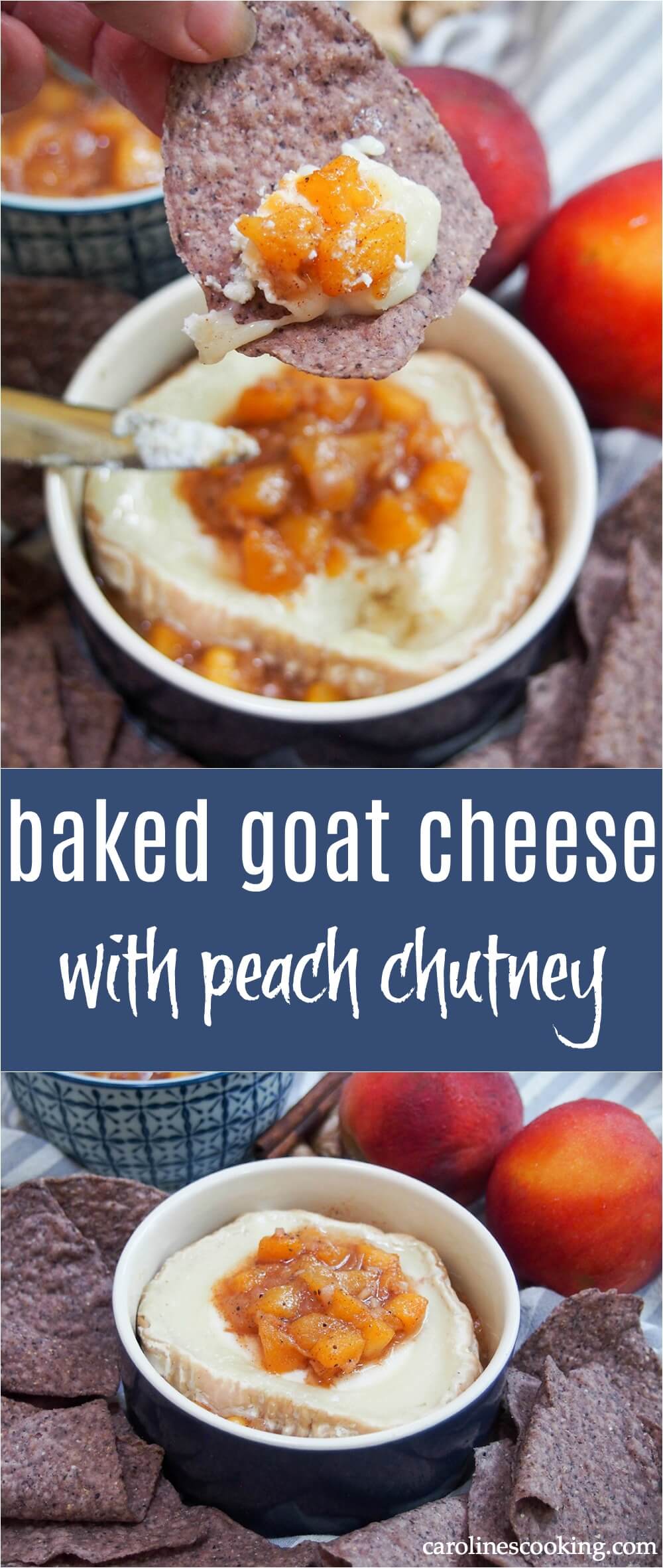 Change up your cheesy appetizer with this easy and tasty baked goat cheese with peach chutney. A delicious mix of flavors, it's great with chips, crackers and bread. It takes mere minutes to make and is great whether for entertaining or just because! #goatcheese #bakedcheese #chutney #appetizer