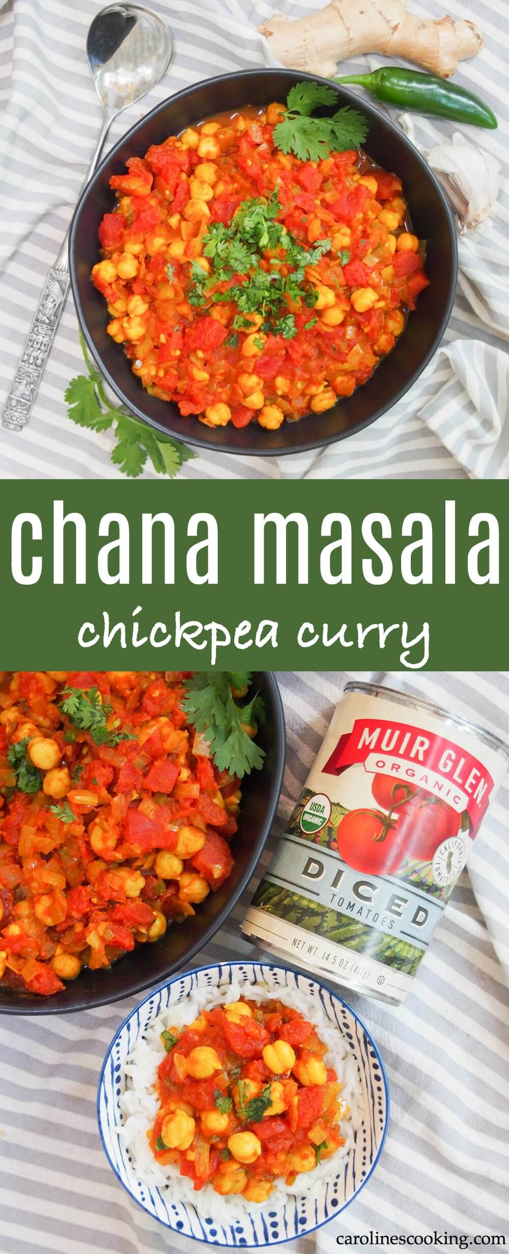Chana masala is a quick, easy and delicious vegetarian curry that's perfect for any night. Serve it simply with rice, bread, or alongside other dishes for an Indian feast. It's also great to make ahead, too. #chickpeas #curry #vegetarian #vegan #indianfood #ad