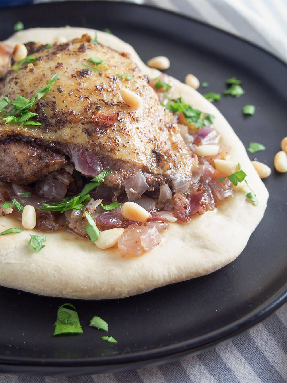 Musakhan (Palestinian sumac chicken) close up view