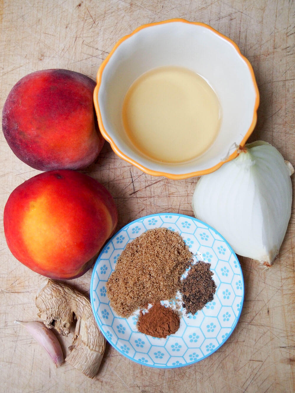 peach chutney ingredients on chopping board