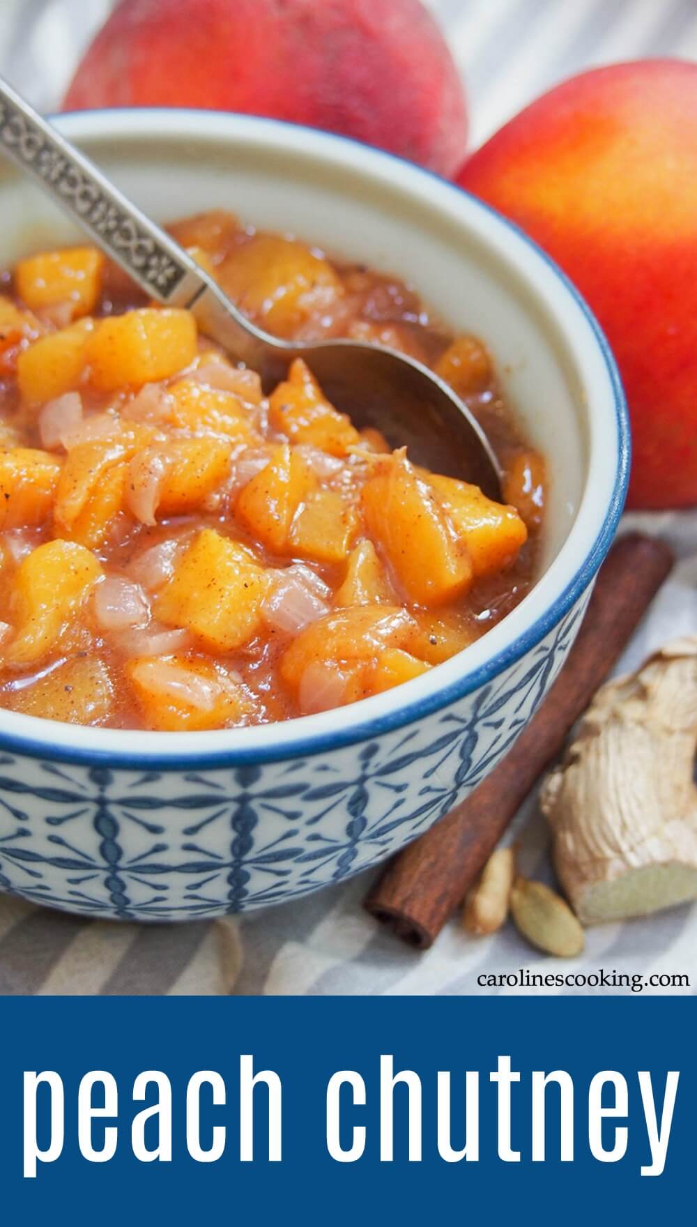 This peach chutney takes mere minutes to make, with a delicious balance of fruitiness and warm spices. It goes well with cheese, chicken and pork and is a tasty way to both preserve peaches a little longer and use them is savory dishes. #peach #chutney #condiment 