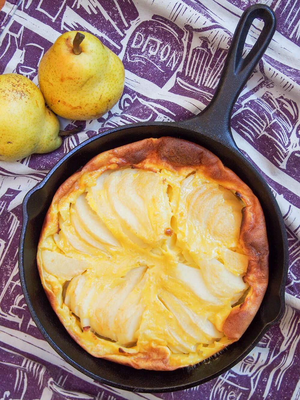 Pear clafoutis from overhead, just out of oven