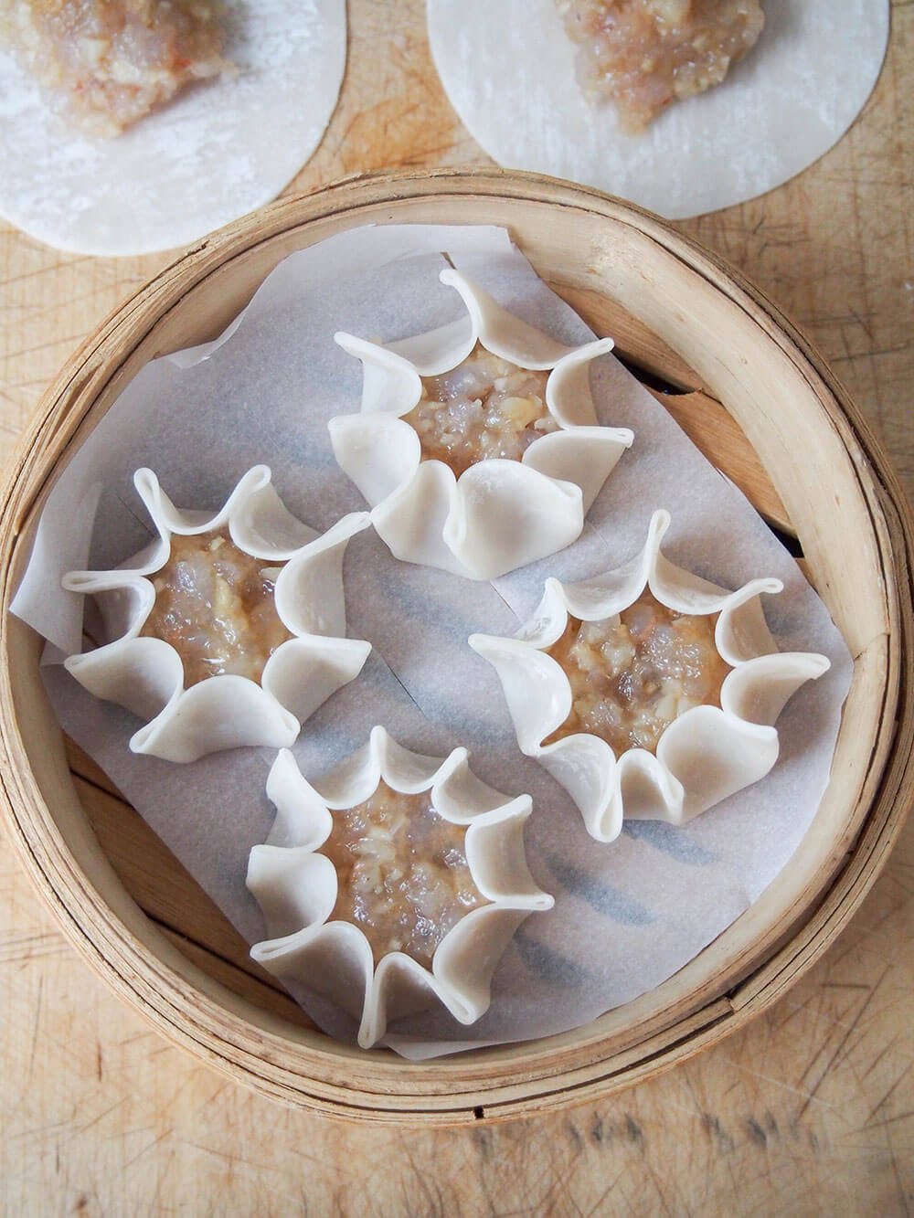 shrimp shumai in steamer ready to cook