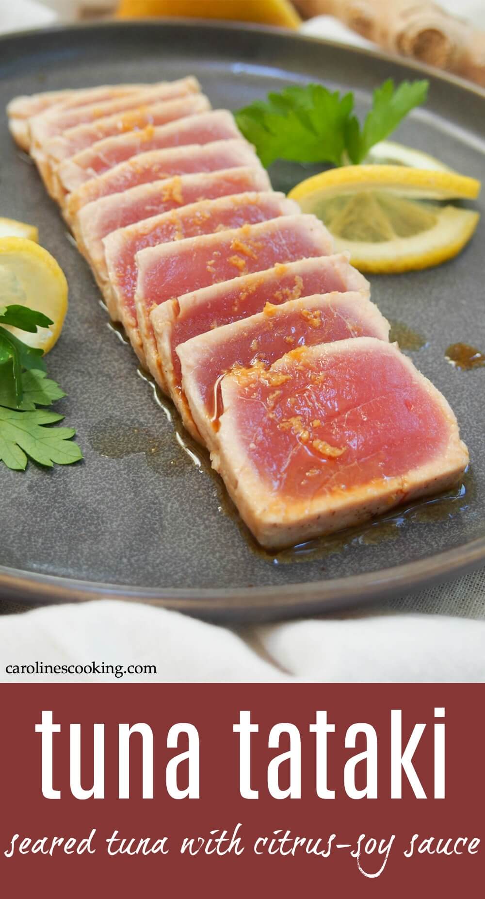 Tuna tataki is a simple Japanese dish that combines delicate, gently-seared tuna with a citrus-soy sauce, given a gentle ginger kick. It's easy to make and makes a great appetizer or component to a light bento box-style meal. #tuna #japanesefood #searedtuna #ponzu 