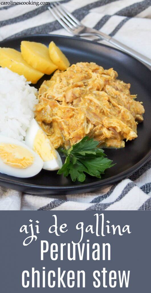 Aji de gallina is a classic Peruvian dish, with shredded chicken wrapped in a smooth, creamy sauce with chili, cheese and walnuts. It's a delicious meal, plus perfect to adapt for leftovers (both chicken and turkey). It's also great to make ahead. #Peruvianrecipe #chicken #leftovers #comfortfood