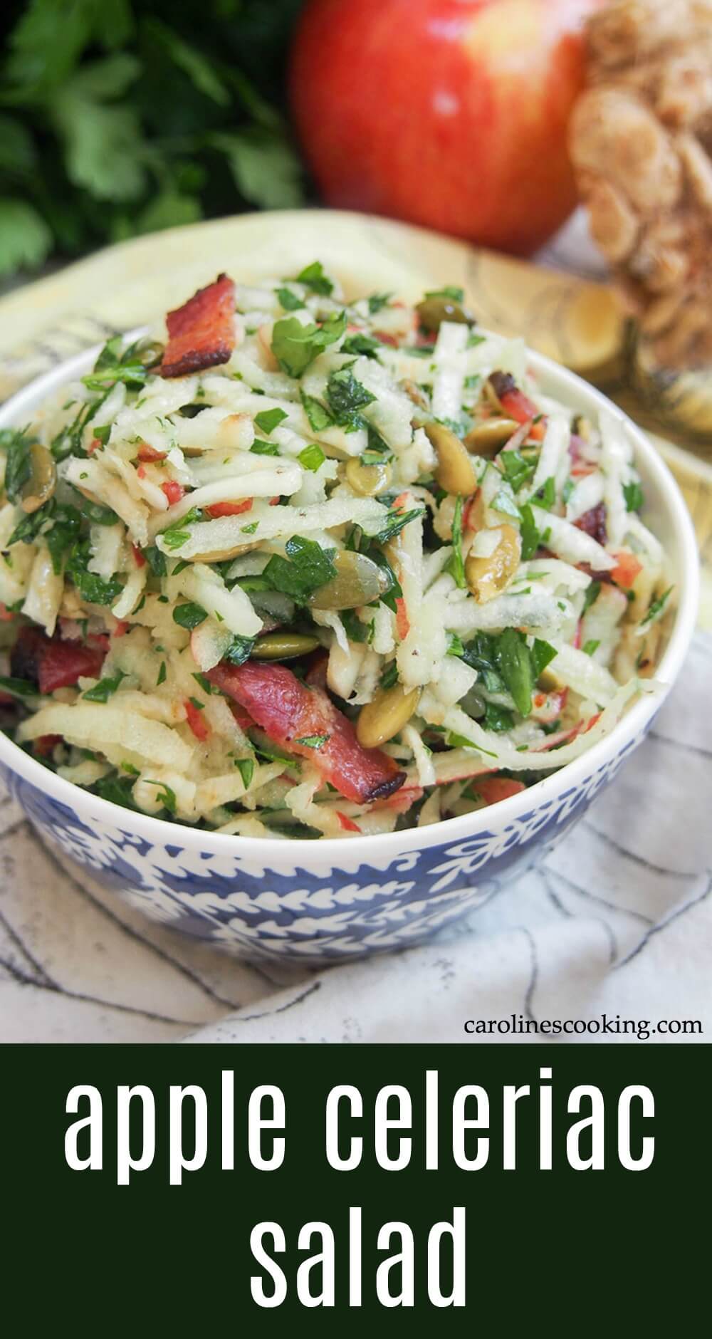 This apple celeriac salad is a delicious mix of flavors and textures. Easy to make, with some crunch, saltiness and sweet, it's perfect as a side or enjoy for lunch. This apple celeriac salad is a delicious mix of flavors and textures. Easy to make, with some crunch from pepitas, saltiness from the bacon and sweet apple, it's perfect as a side or enjoy for lunch. #salad #celeriac #fallsalad