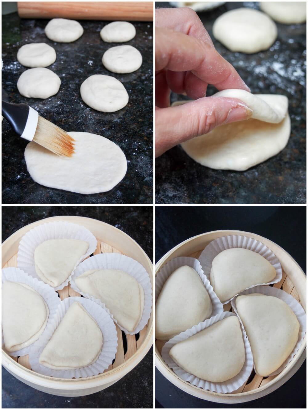 rolling, folding and letting bao have second rise steamed bao buns with pork
