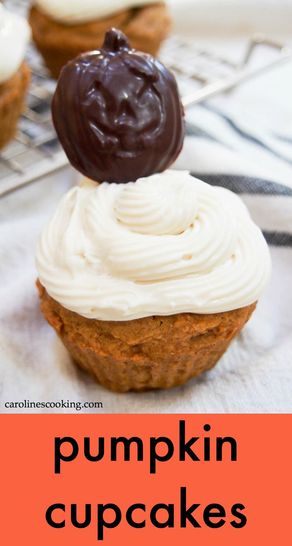 These pumpkin cupcakes are packed with warm fall spices, with a tender crumb and delicious flavor. These won over both pumpkin fans and skeptics (and bonus: they're on the healthier side). #pumpkinweek #pumpkin #cupcake #ad #healthybaking