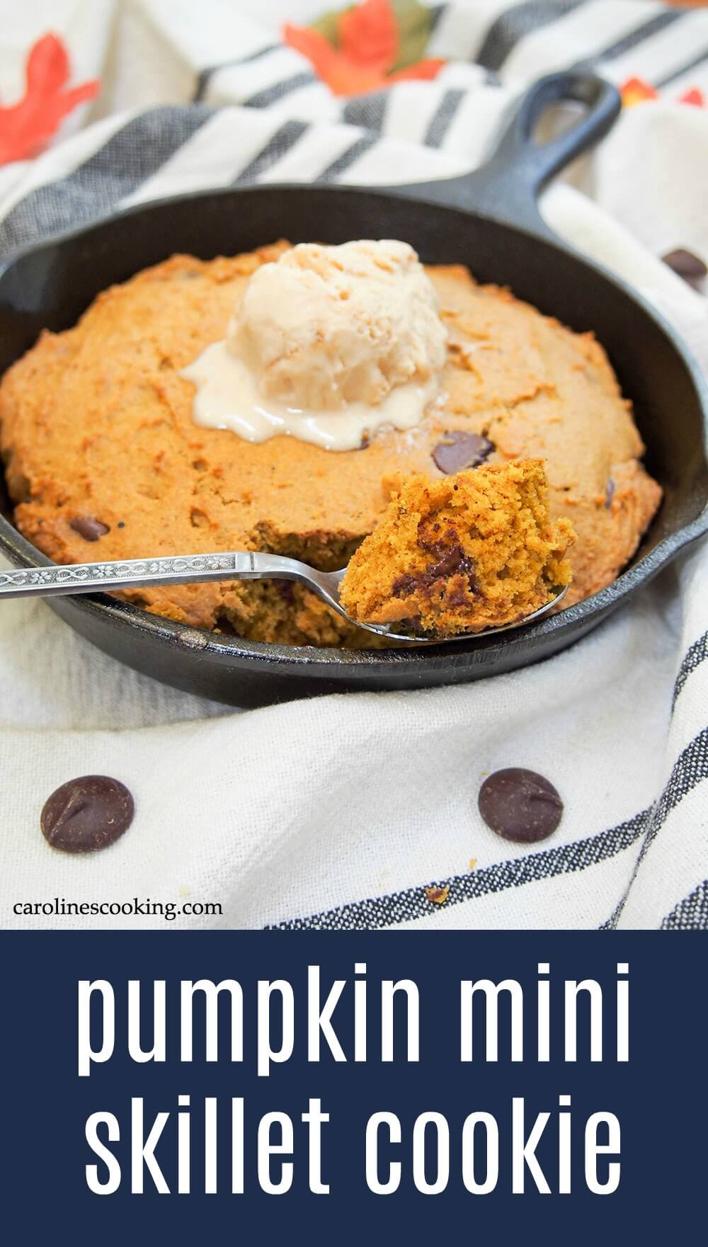 This mini pumpkin skillet cookie is easy to make and a delicious combination of soft cookie studded with chocolate chips. Perfect for two or maybe more to share, it's a tasty fall-flavored treat. 