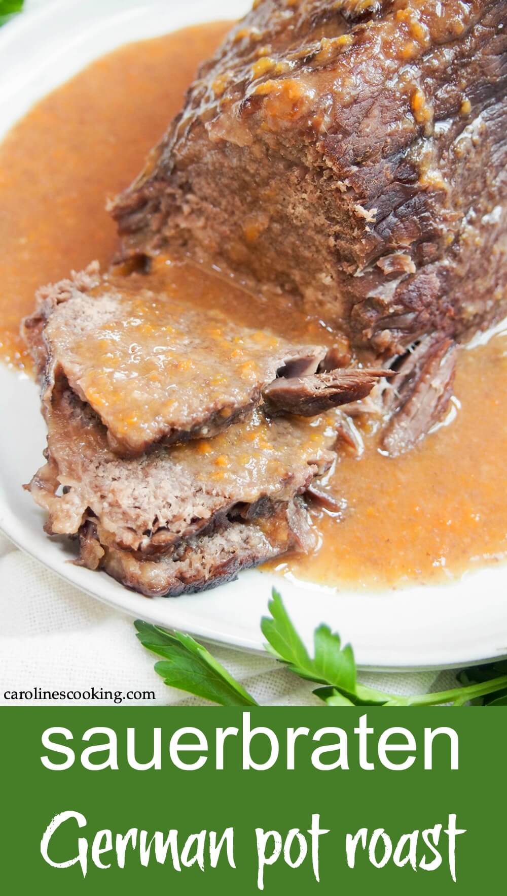 Sauerbraten is far from your typical pot roast, though it's might be described as one. This traditional German dish takes a bit more prep, but there's such depth of flavor from the spiced wine and vinegar-based marinade and the final touch adds a special little something! Comforting deliciousness. #germanfood #potroast #sauerbraten #oktoberfest