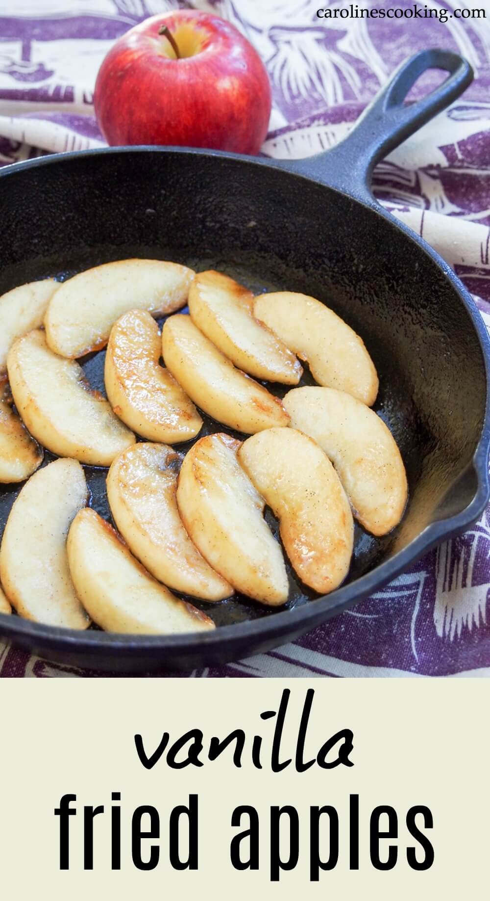Both incredibly simple and versatile, these vanilla fried apples add a wonderful burst of comforting, delicious flavor to pancakes, yogurt and more. Or simply enjoy the warm fall flavors as they are! #friedapples #vanilla #healthierfriedapples