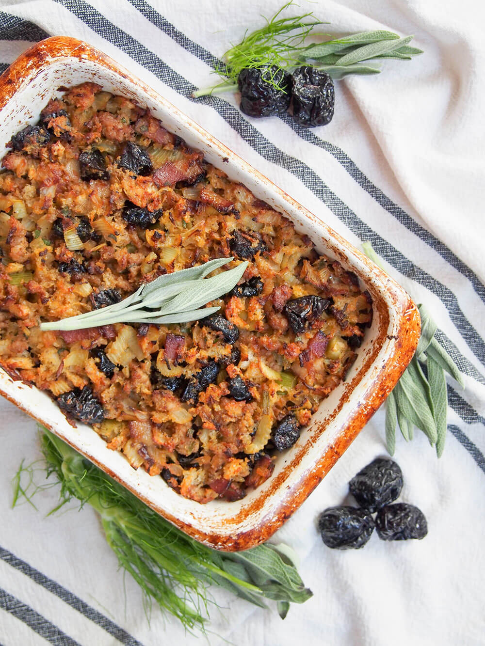 dish with fennel, prune and pork stuffing from overhead