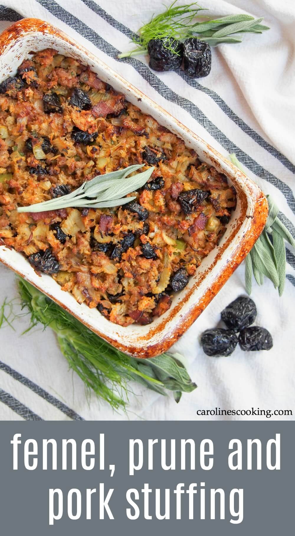 This fennel, prune and pork stuffing is easy to put together with a delicious combination of savory flavors with little bursts of sweet prune mixed in. A wonderful accompaniment to a festive meal. #stuffing #pork #thanksgiving #christmas
