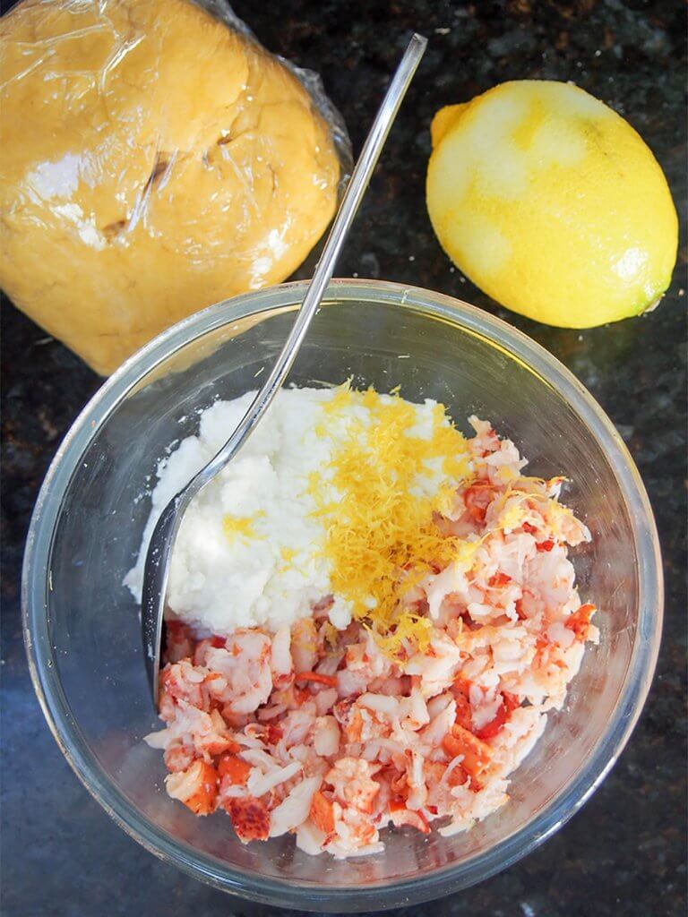 lobster ravioli ingredients - lobster, ricotta and lemon zest for filling plus dough