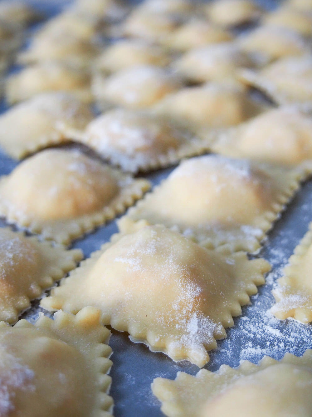 close up of formed ravioli before cooking