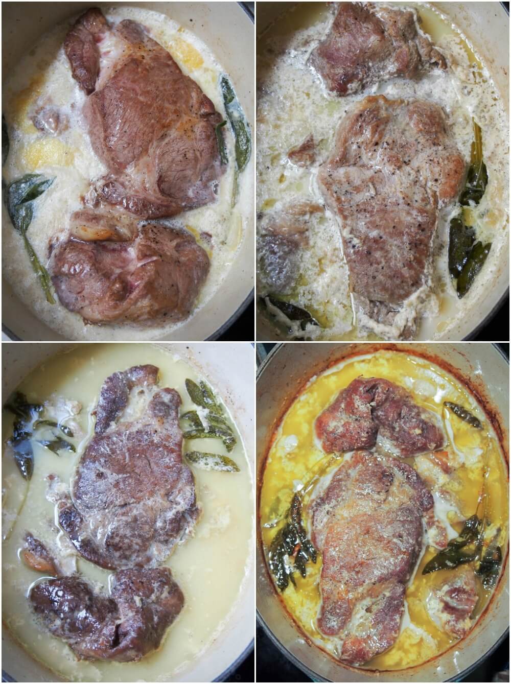 stages of cooking  milk braised pork in oven with the sauce reducing down and separating and pork becoming more tender