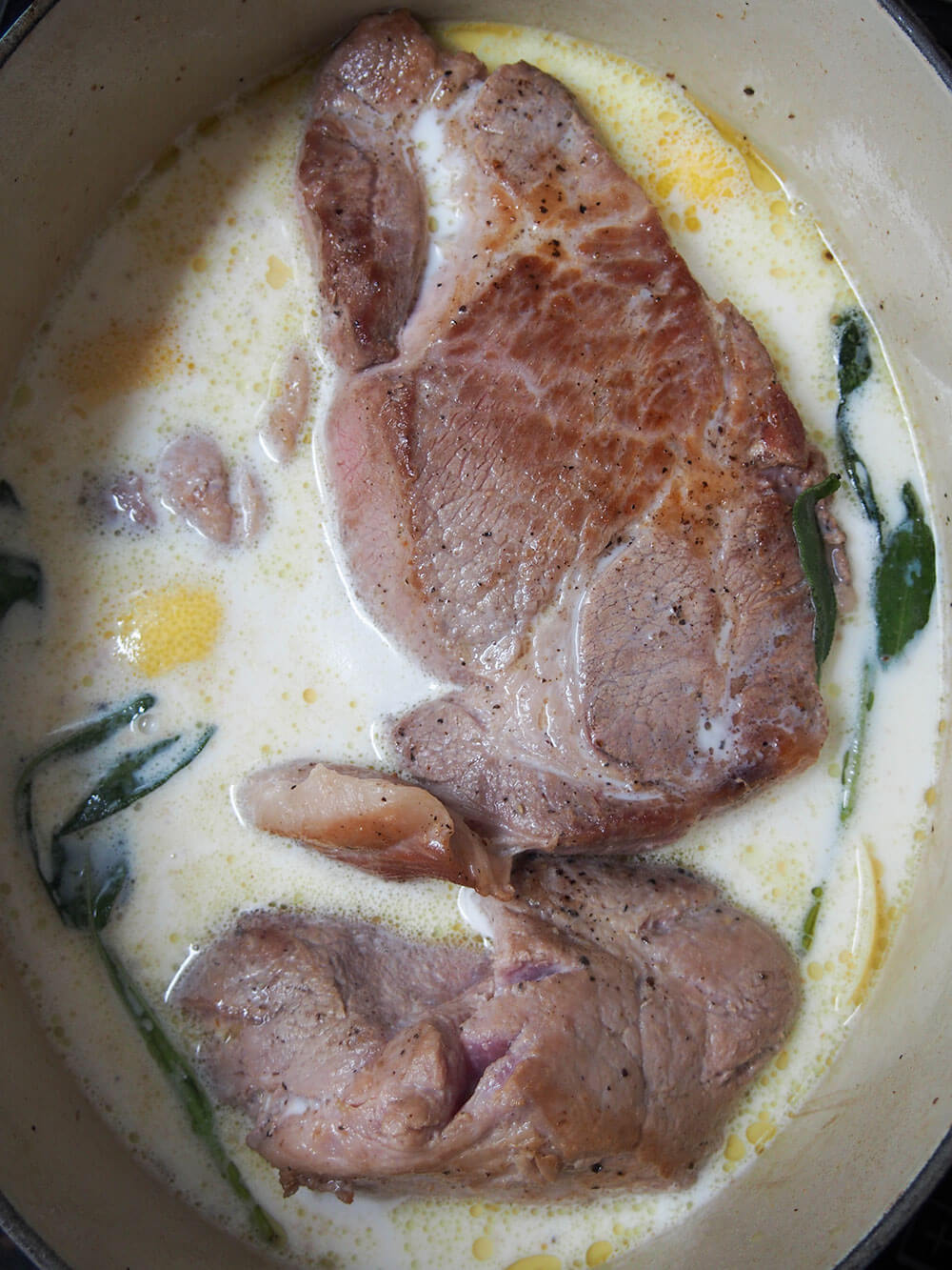 seared pork in milk ready to put in oven for braise
