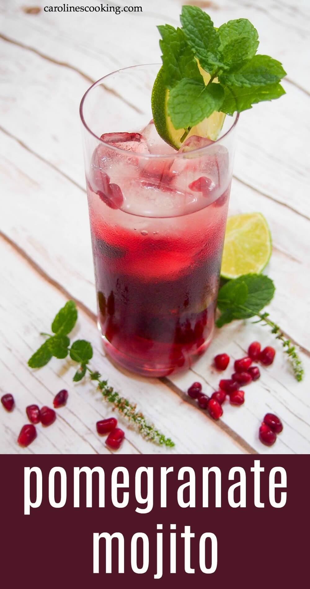 This pomegranate mojito is an easy and flavorful twist on a classic cocktail. With a beautiful bright color, it makes a great festive drink or any excuse! #pomegranate #mojito #mint #rum #cocktail 