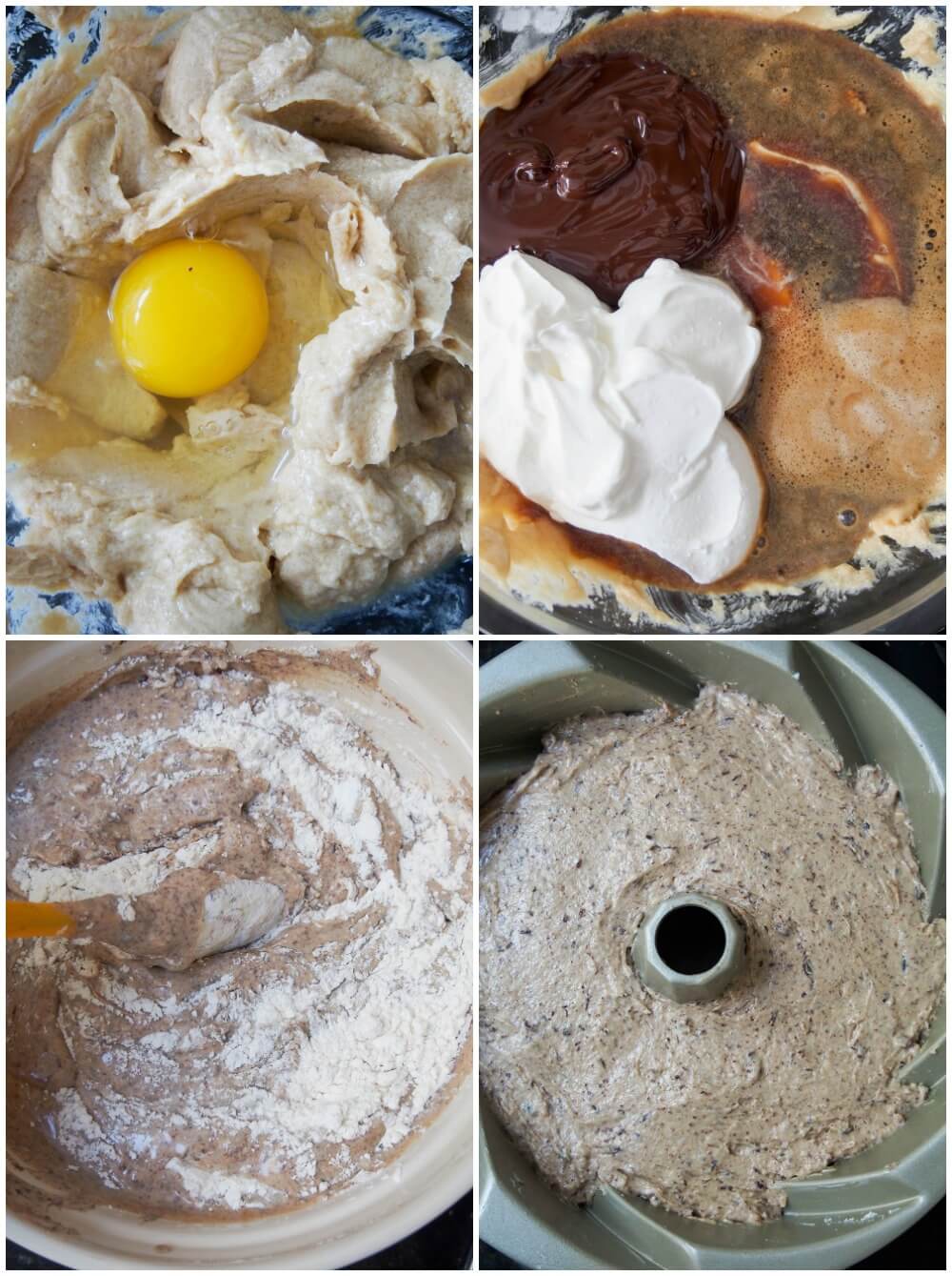 stages preparing sour cream mocha cake stages preparing sour cream mocha cake - mixing wet ingredients, combining with dry and putting in bundt pan