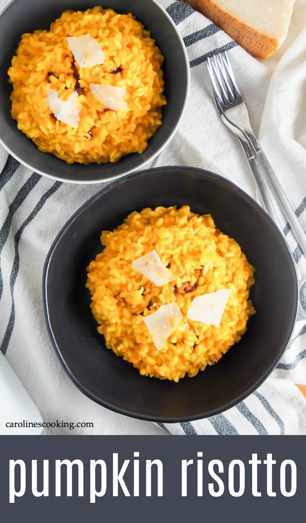 Pumpkin risotto is such a deliciously comforting meal! This version is based on traditional Italian recipes and is easy to make, filling, but not overly heavy. It's a perfect plate of fall goodness. #pumpkin #risotto #italian #vegetarian #fallrecipe