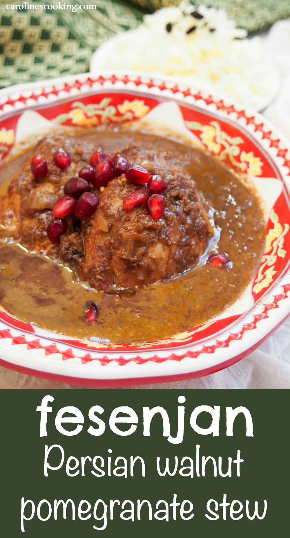 Fesenjan is an easy and delicious Persian stew. The pomegranate and walnut sauce makes it hearty and with an unusual sweet-tangy flavor. Here it's made with chicken, but you can use other meats as well (or veg). Plus, it's great to make ahead so perfect for meal prep. #persian #stew #pomegranate #walnut