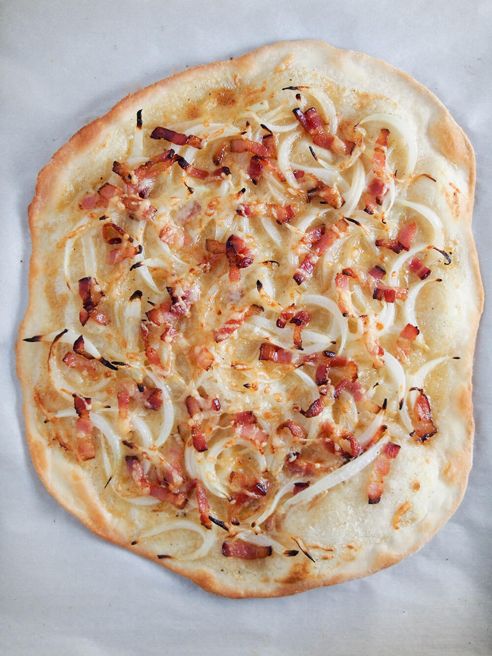Flammekueche (tarte flambee from Alsace) from overhead