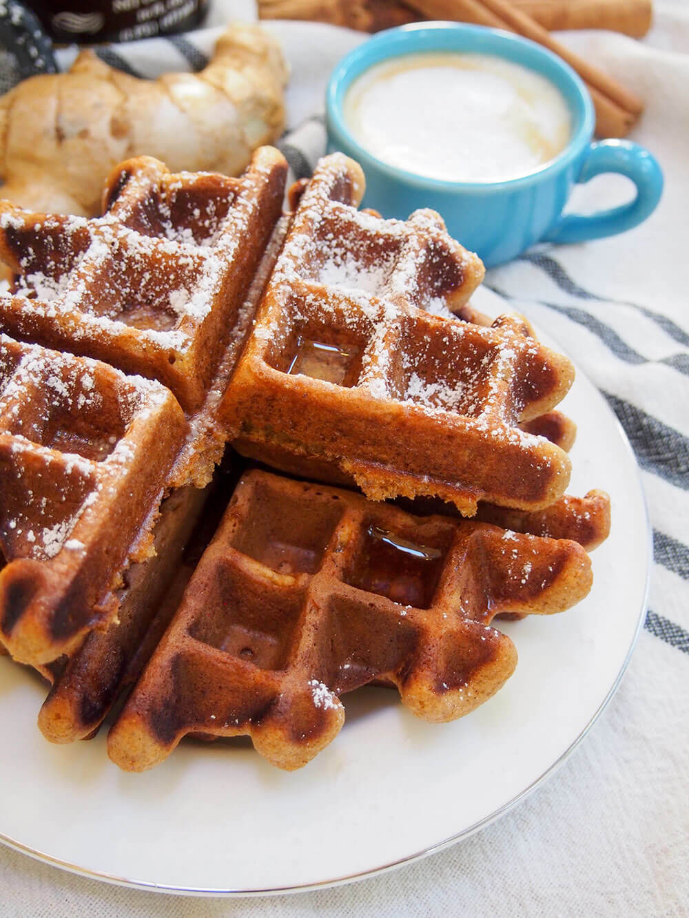 gingerbread waffles with top one with corner torn off