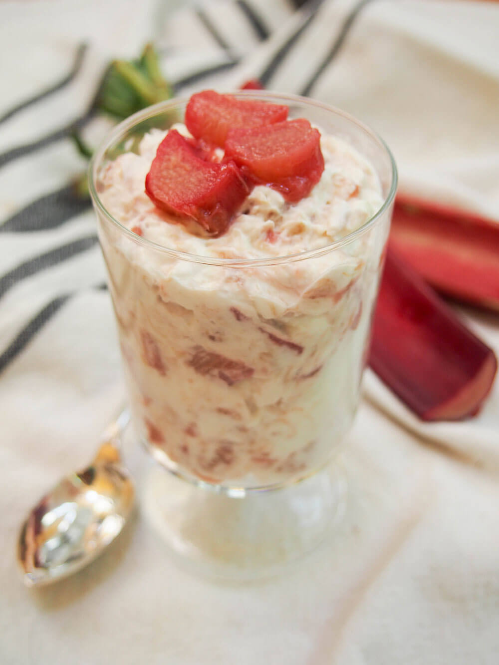 glass of rhubarb fool viewed from side