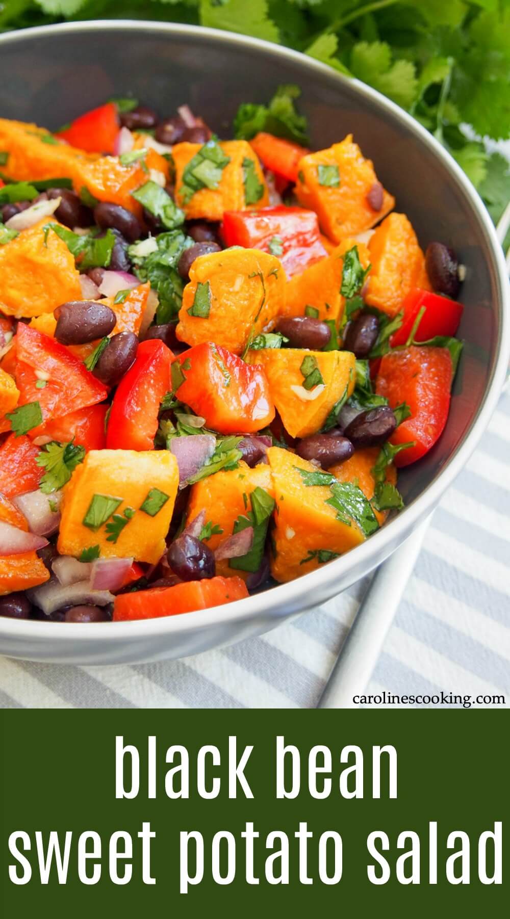 This black bean sweet potato salad is bright, hearty without being heavy, and with delicious fresh flavors. It's perfect for lunch, or as a side and travels well, too. #salad #sweetpotato #vegetarian #vegan #healthyeating
