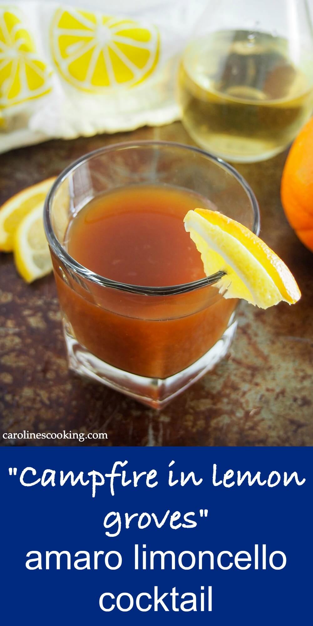 This amaro limoncello cocktail is easy to make with a wonderful mix of citrus flavors, smokey mezcal and a touch of earthiness. Perfect fireside (or even poolside) sipping! #limoncello #mexcal #amaro #cocktail