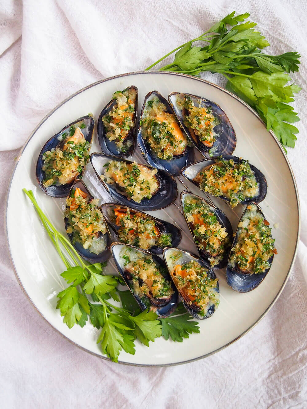 plate of baked mussels from overhead