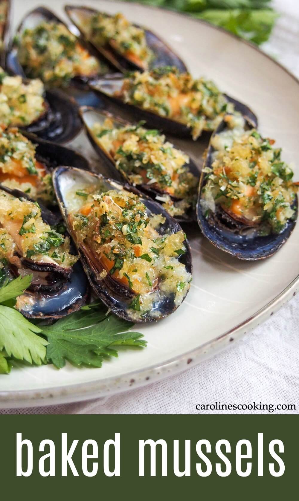 These baked mussels are easy to prepare and make a great appetizer for any occasion. Tender mussels with a tasty garlicy crumb topping - they're elegant finger food (that's budget-friendly too). #mussels #italianfood