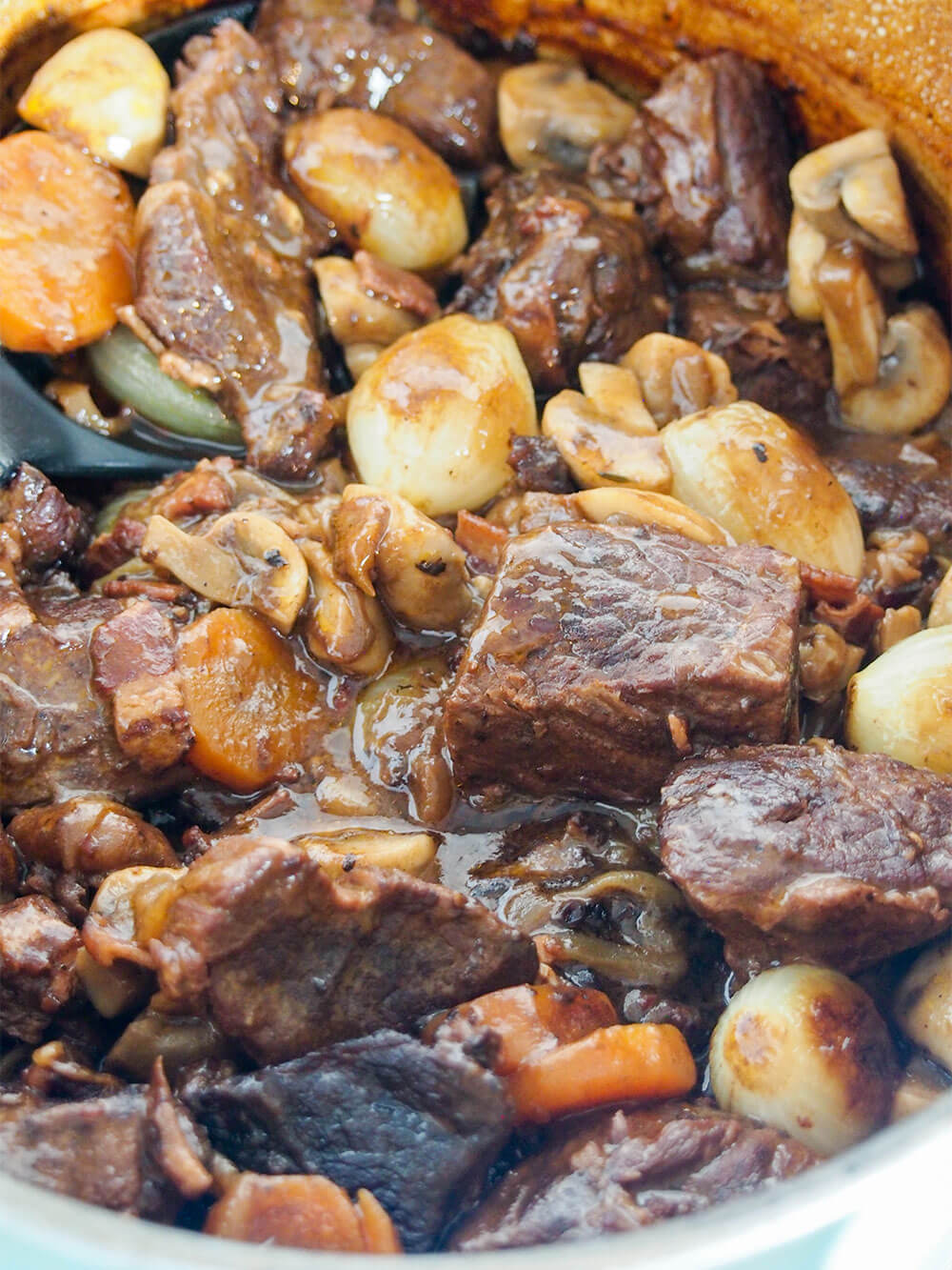 Looking into pot of beef bourguignon
