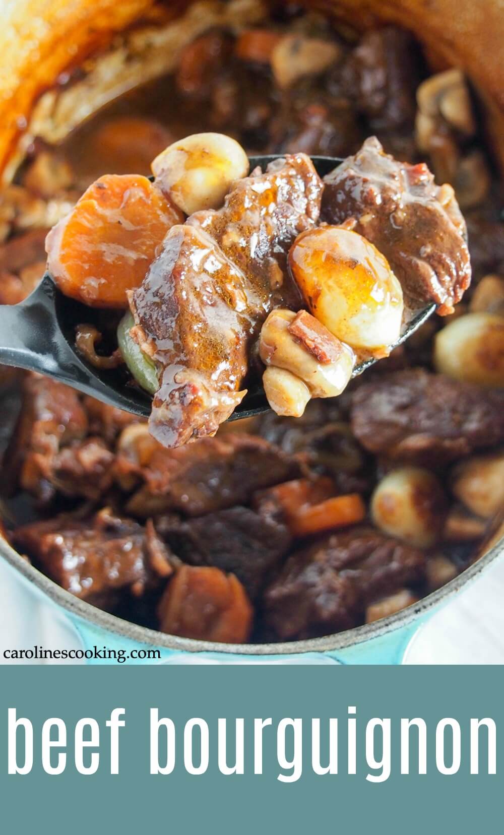 Beef bourguignon may not be the quickest meal to make, but it's time very well spent. And with this easy recipe, you'll see exactly how to get perfectly tender, flavorful beef and a mushroom, bacon and red wine gravy to die for! #beef #stew #frenchfood