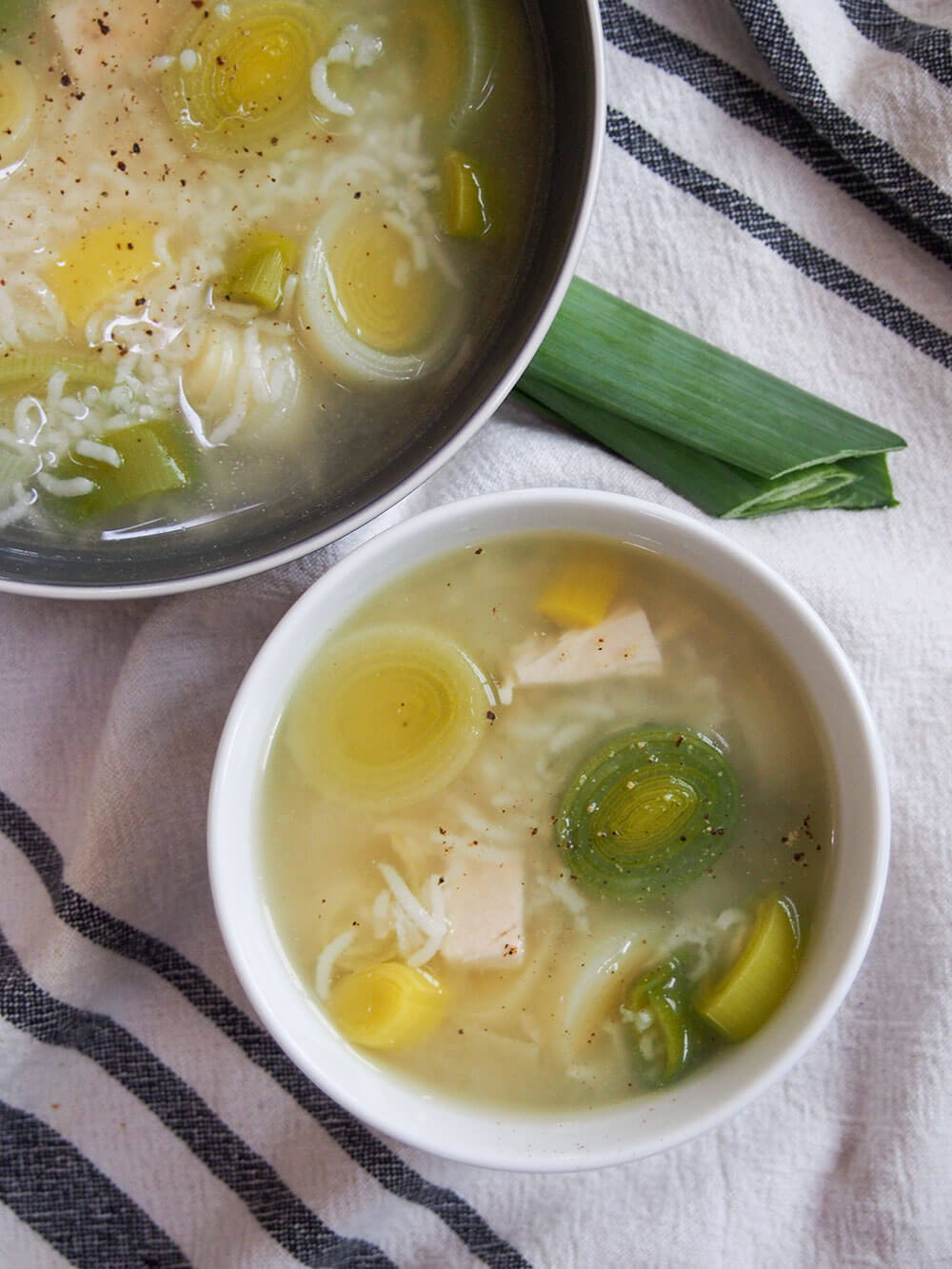 bowls of Cock-a-leekie soup from overhead
