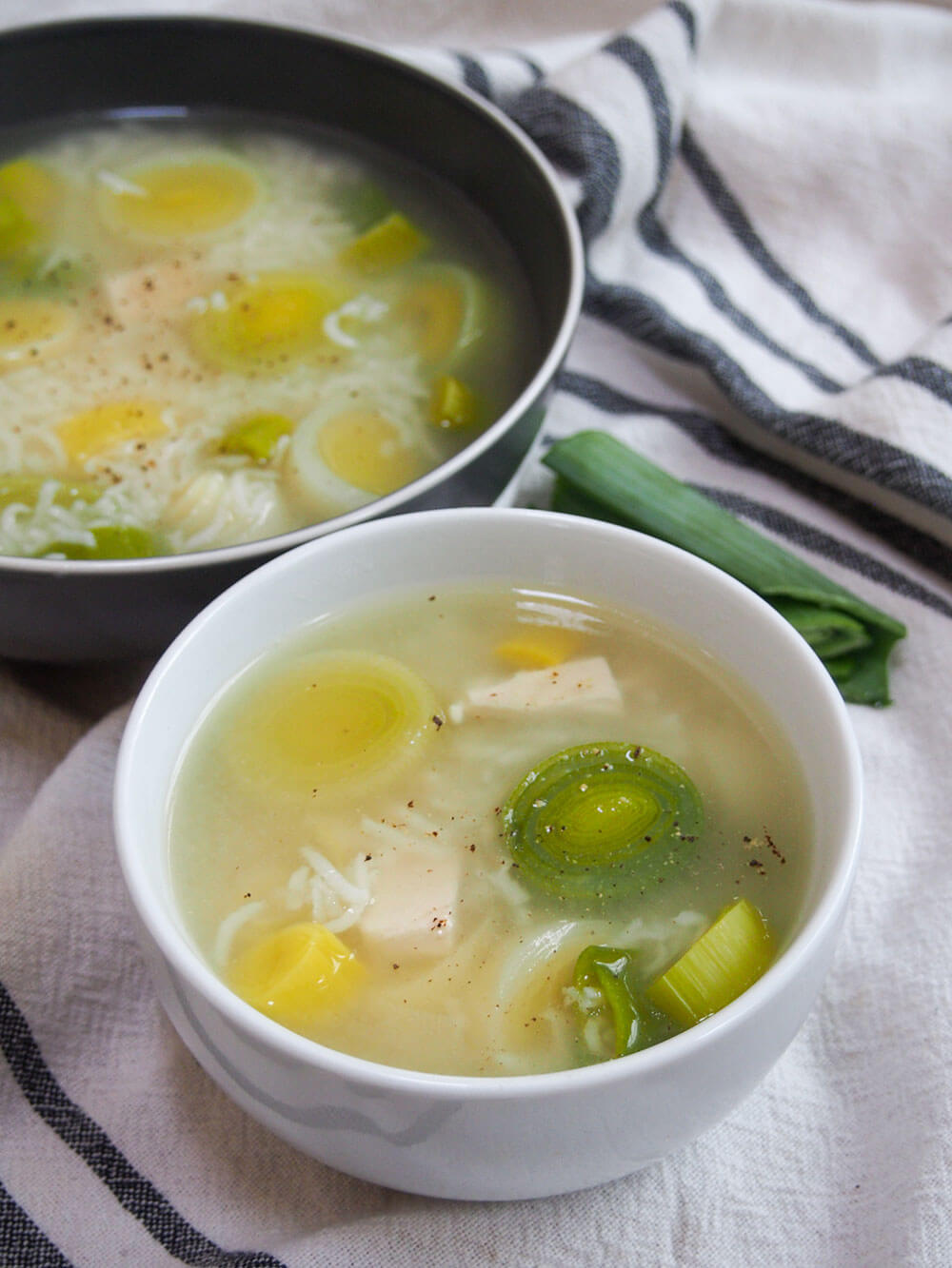 Cock-a-leekie soup in bowl with other  bowl behind