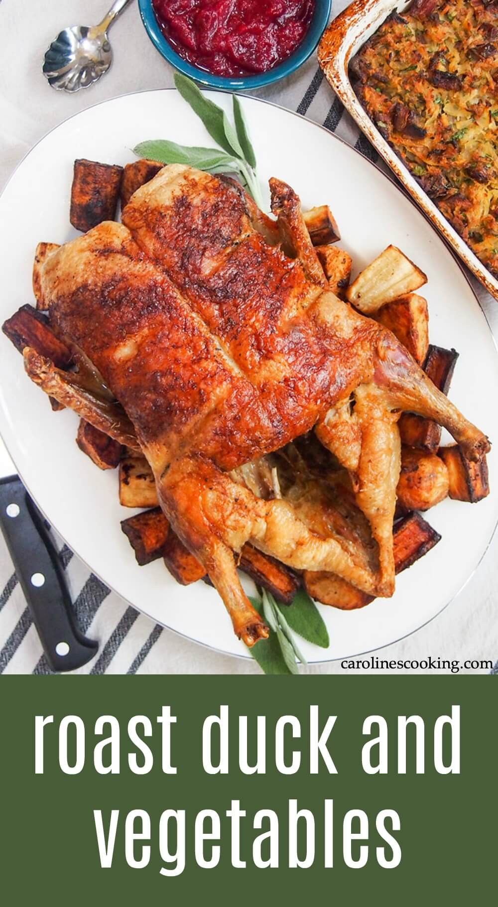 If you're looking for a special or festive meal, this roast duck is definitely one to add to your list. The duck itself gets lovely crispy skin and the vegetables take on all the wonderful flavors cooking in the drippings below. A little indulgent but so good! #duck 