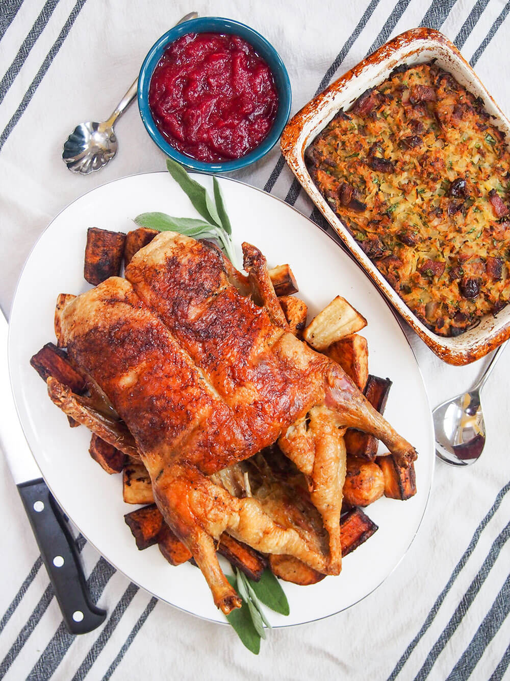 roast duck and vegetables with stuffing and cranberry sauce on side
