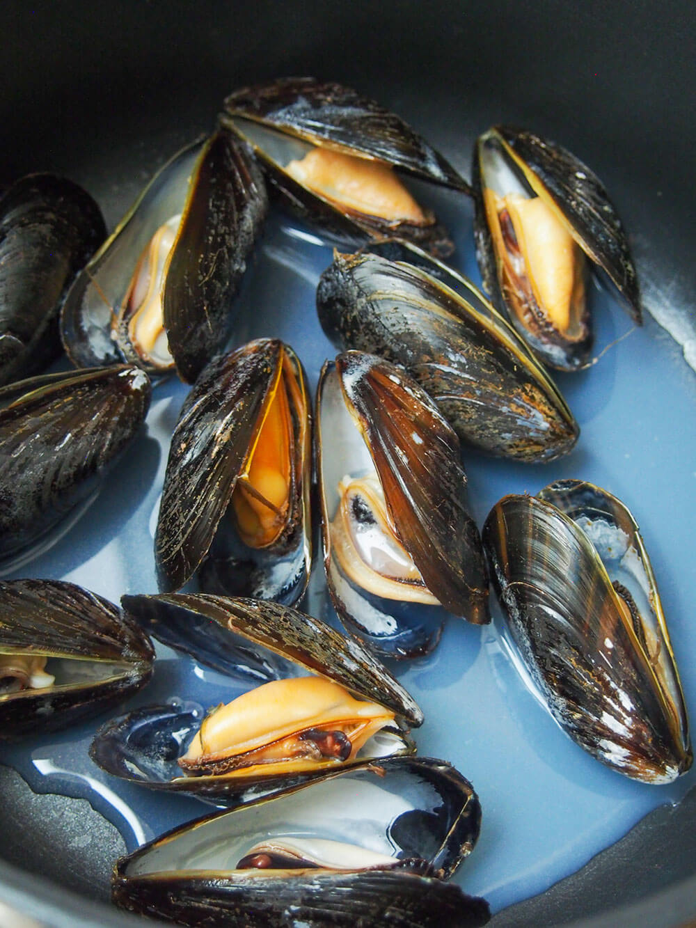steamed mussels in pan, sitting in their juices