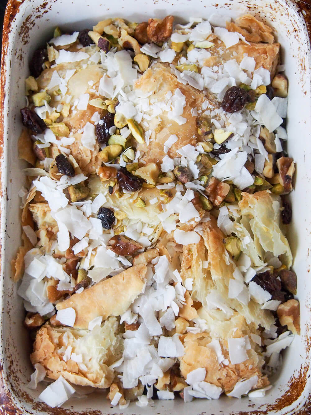 dry ingredients - pastry, nuts and dried fruit - in dish
