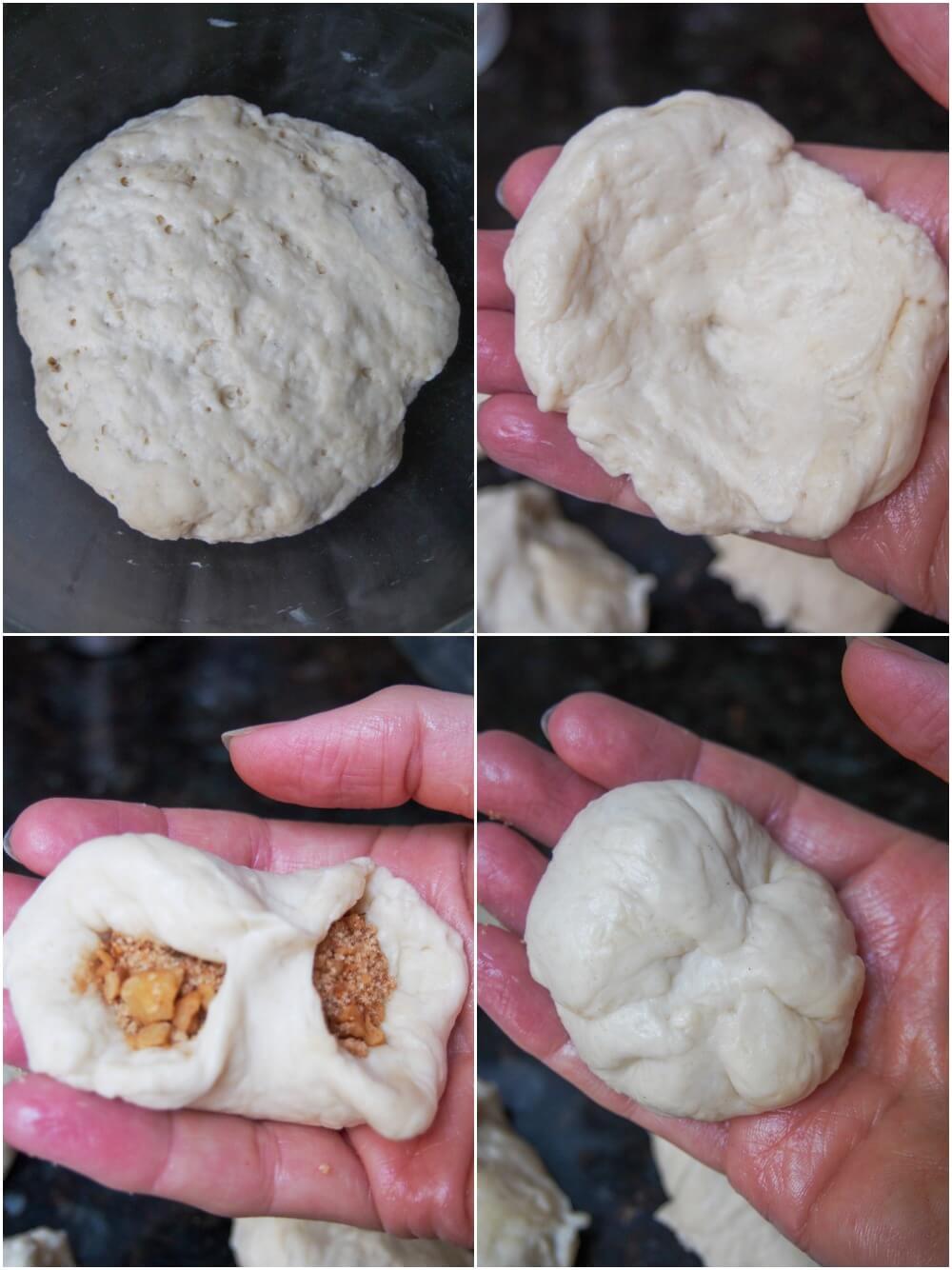 stages forming dough and filling hotteok Korean sweet pancakes