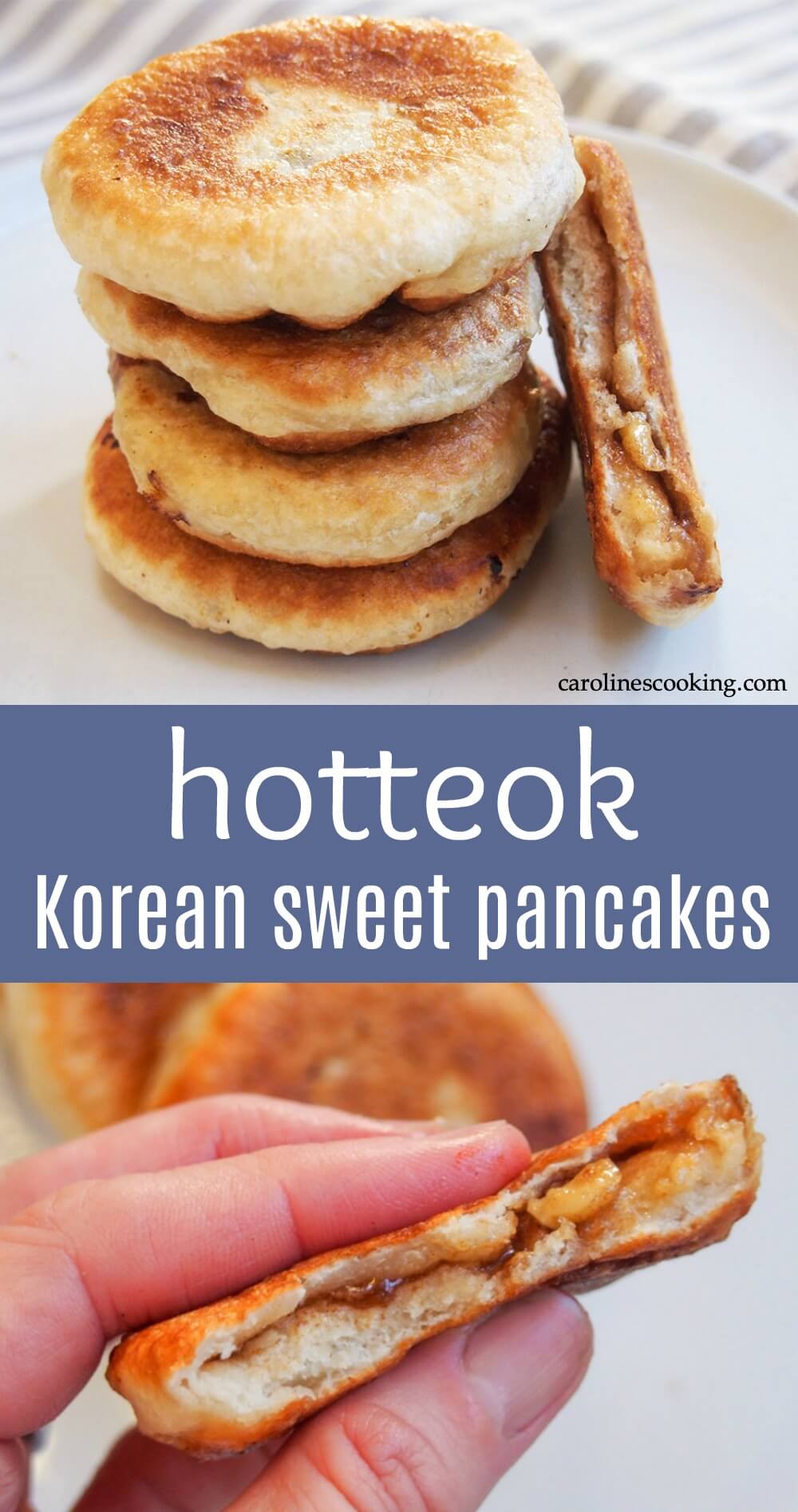 Hotteok are Korean sweet pancakes made with a yeasted dough and sweet nut filling. They're a classic street food, especially in winter, and make a delicious anytime treat. #koreanfood #pancake #filledpancake #streetfood