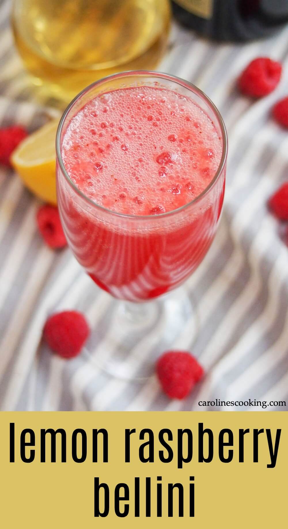This lemon raspberry bellini is bright and bubbly, with a delicious, gently sweet flavor and citrus kick from the limoncello. It's perfect for brunch, girl's night or whatever excuse you choose. #bellini #raspberry #limoncello #champagne #cocktail