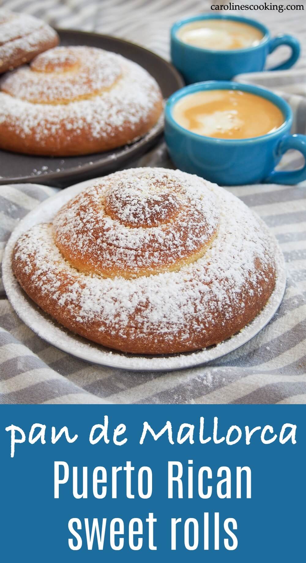Pan de Mallorca are an egg-rich but light-textured, gently sweet bread roll from Puerto Rico. They're easy to recognize, coiled up and dusted with sugar, and make a delicious breakfast or snack. #sweetroll #puertoricanfood #bread #homemadebread