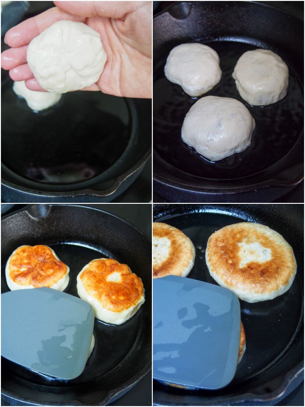 stages cooking hotteok Korean sweet pancakes - adding to pan, flattening and turning