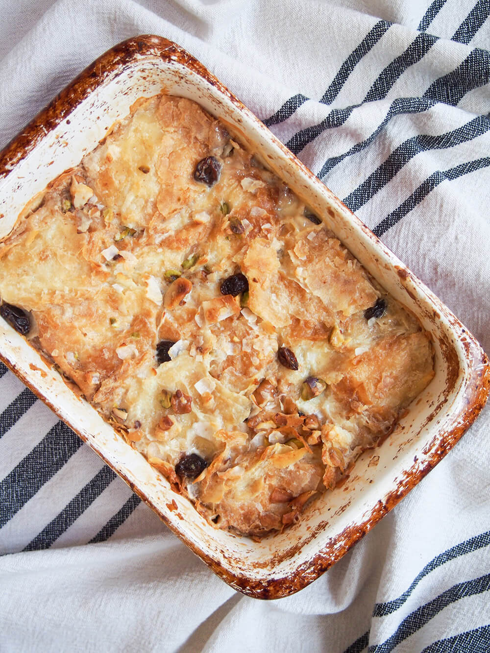 umm Ali Egyptian bread pudding in dish from overhead