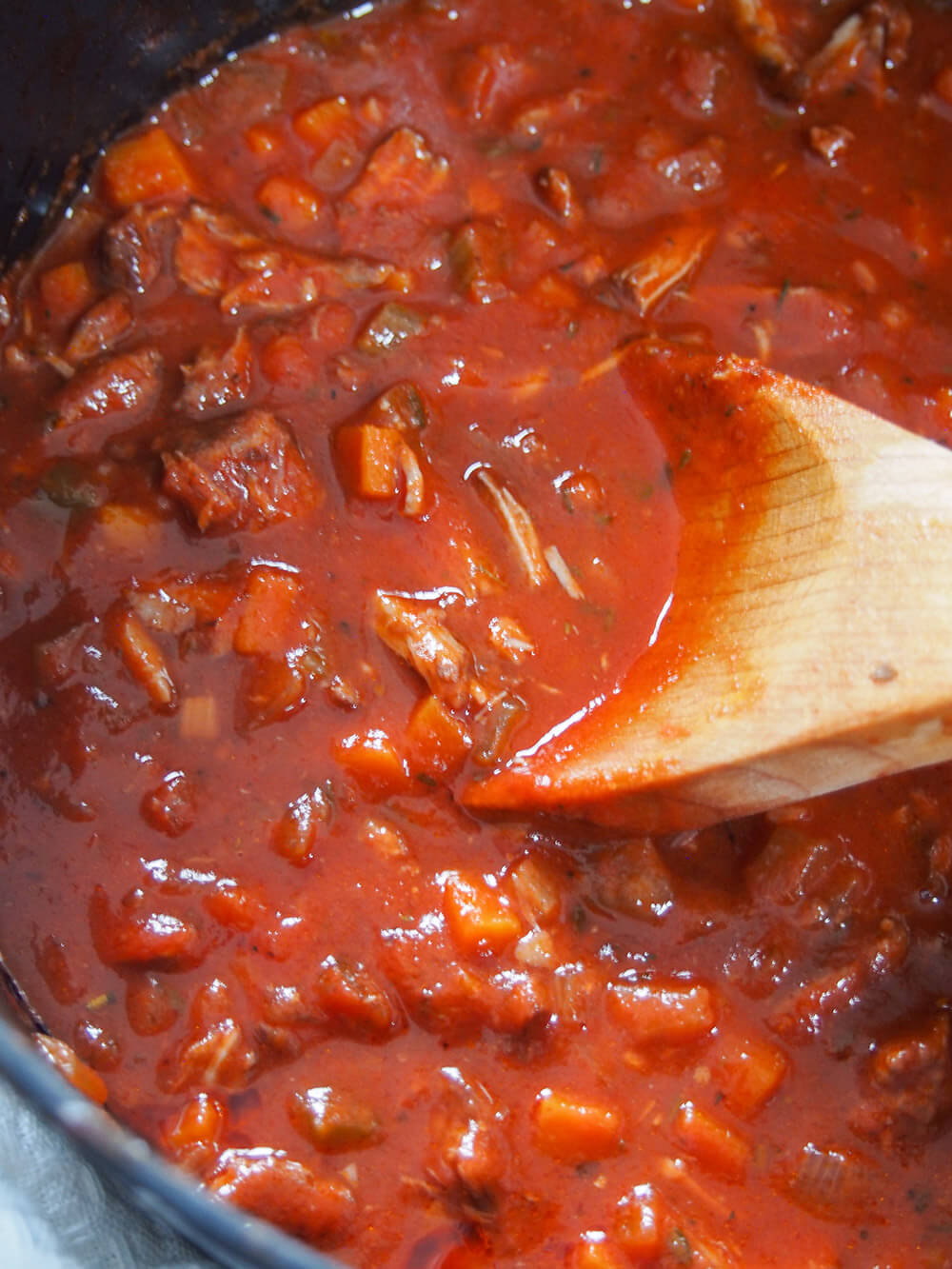 lamb ragu sauce after slow cooking and breaking up meat, before adding pasta