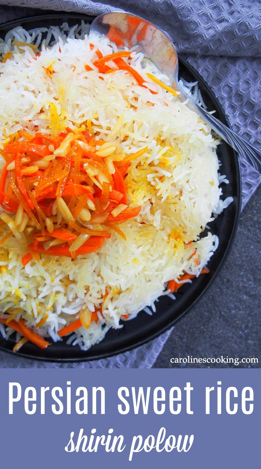 Persian sweet rice, shirin polow, is traditionally served at special occasions and it is indeed a special side. But it's one that you should definitely make an excuse to enjoy more often, it's so bright and delicious! #persianfood #rice #sweetrice #orangerice #sidedish